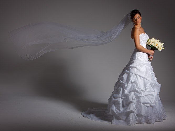 Studio bridal portrait — model in a white gown with red rose bouquet